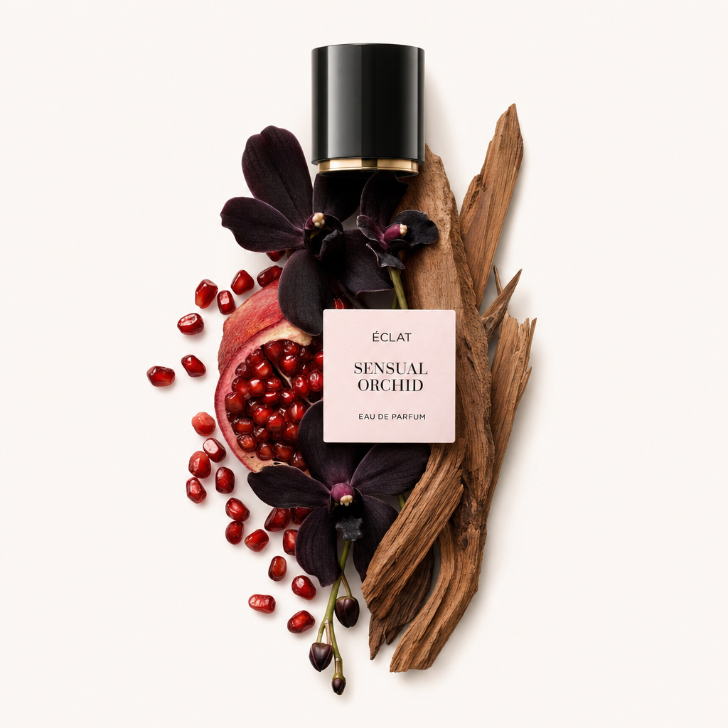 Una composizione di semi di melograno, fiori di orchidea scura e bastoncini di legno circonda il tappo nero originale di ÉCLAT Sensual Orchid con etichetta.