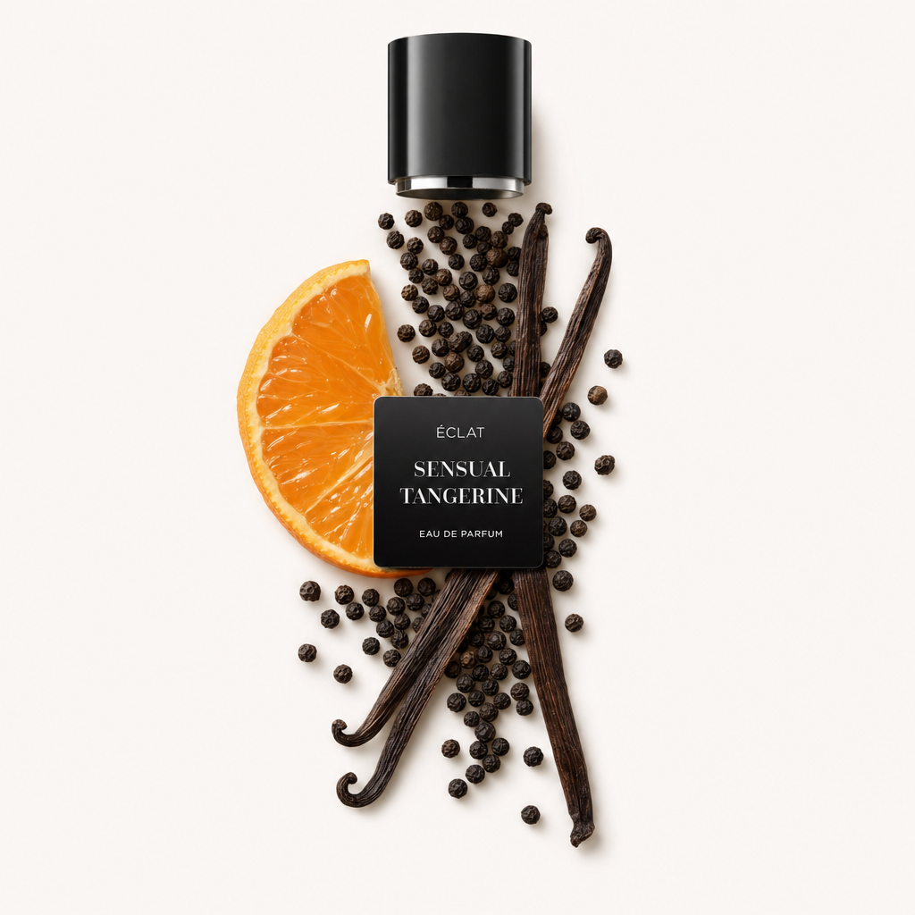 Una natura morta composta a mano con una fetta di mandarino, baccelli di vaniglia e grani di pepe circonda un'etichetta ÉCLAT Sensual Tangerine. Sopra c'è un tappo nero.