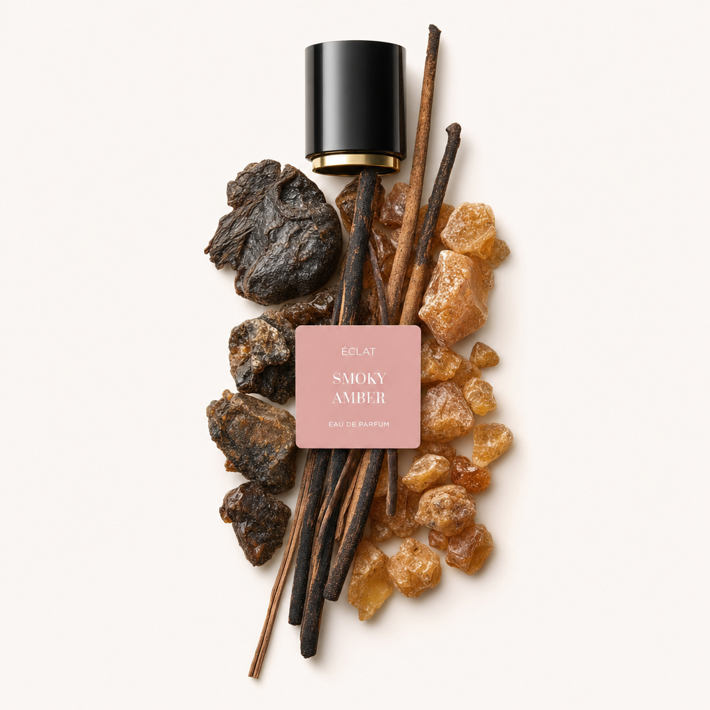 Un arrangiamento di pezzi d'ambra, bastoncini di legno secco e resina scura con il tappo ÉCLAT Smoky Amber in design nero e oro.