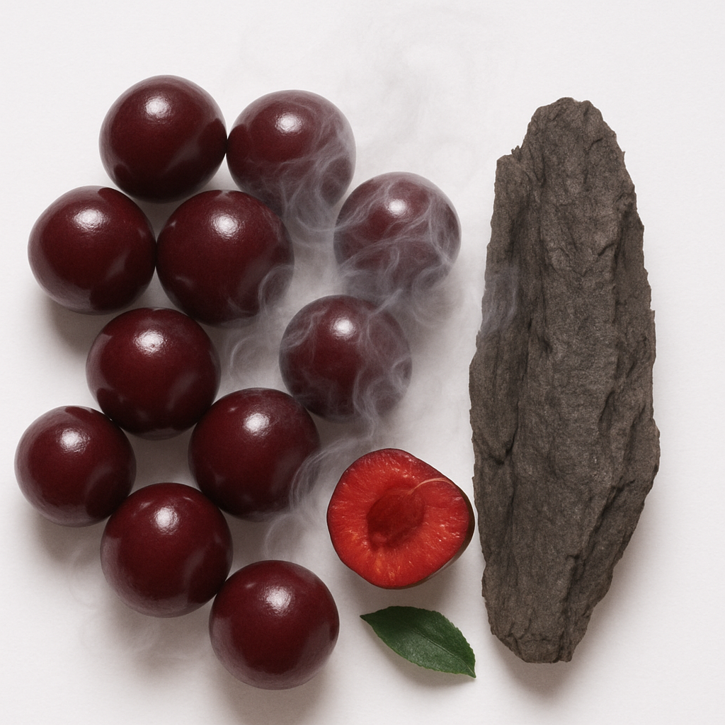 Ricche ciliegie scure e corteccia terrosa con un accenno di fumo e una foglia verde fresca, catturando l'essenza di ÉCLAT Smoky Cherry.