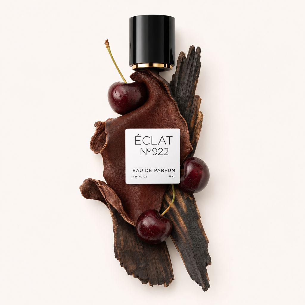 Una composizione di ciliegie mature, legno scuro e un pezzo di cuoio con un tappo nero con etichetta, che rappresenta ÉCLAT Smoky Cherry.