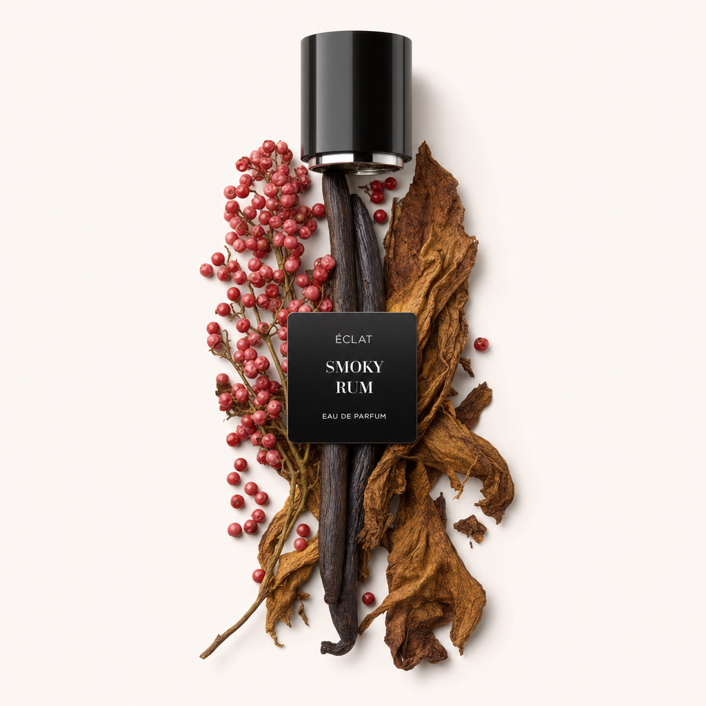 Una disposizione di foglie di tabacco secche, bacche di pepe rosa e baccelli di vaniglia circonda un tappo nero con etichetta ÉCLAT Smoky Rum.