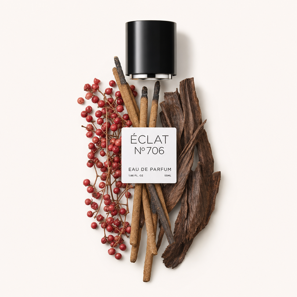 Una disposizione di bacche di pepe rosa, bastoncini di cannella e legno secco circonda un tappo nero con etichetta ÉCLAT 706 VIP.