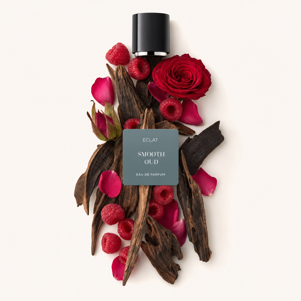 Un arrangiamento di legno di oud scuro, lamponi rossi vivaci e una sola rosa rossa, con etichetta ÉCLAT Smooth Oud e tappo nero.