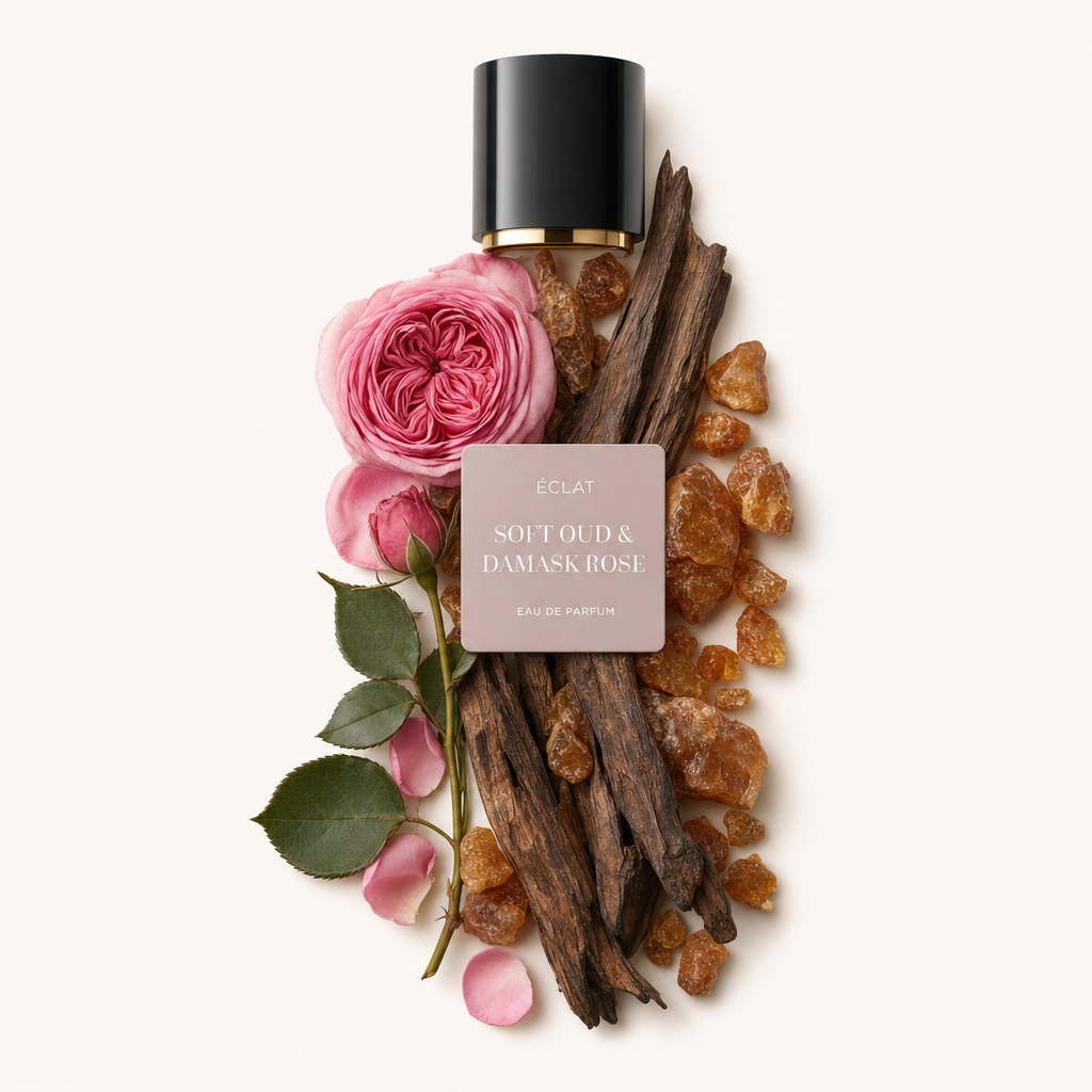 Un arrangiamento di legno di oud, rosa damascena, petali di rosa e resine di ambra con un tappo nero etichettato ÉCLAT Soft Oud & Damask Rose.