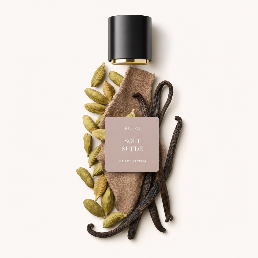 Una composizione di baccelli di cardamomo verde e bacche di vaniglia scura su tessuto in suede morbido, con etichetta ÉCLAT Soft Suede; un tappo nero con dettaglio dorato in alto.