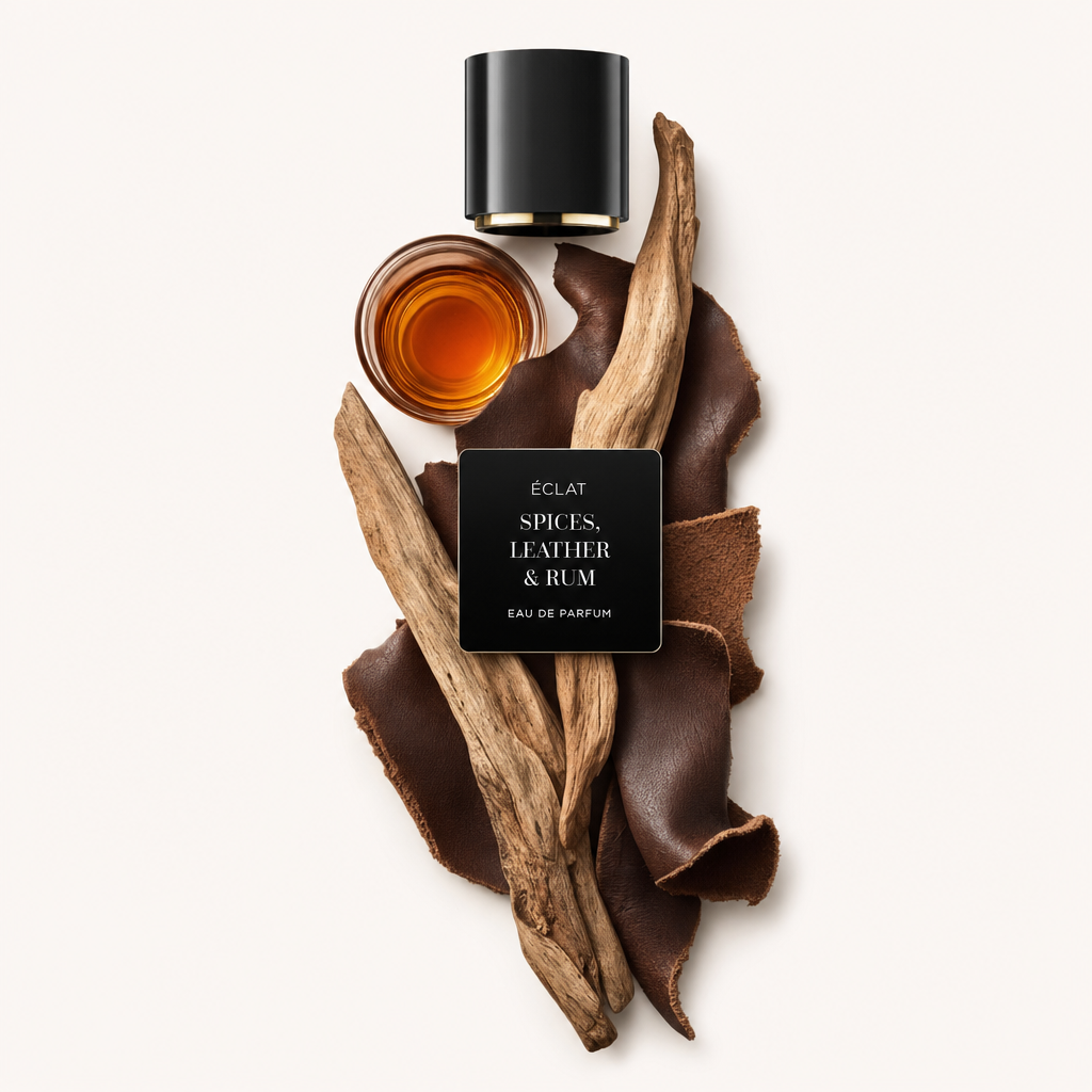 Un arrangiamento artistico di legno alla deriva, cuoio marrone e un bicchiere di liquido ambrato, sormontato da un tappo nero ed etichetta ÉCLAT Spices, Leather & Rum.