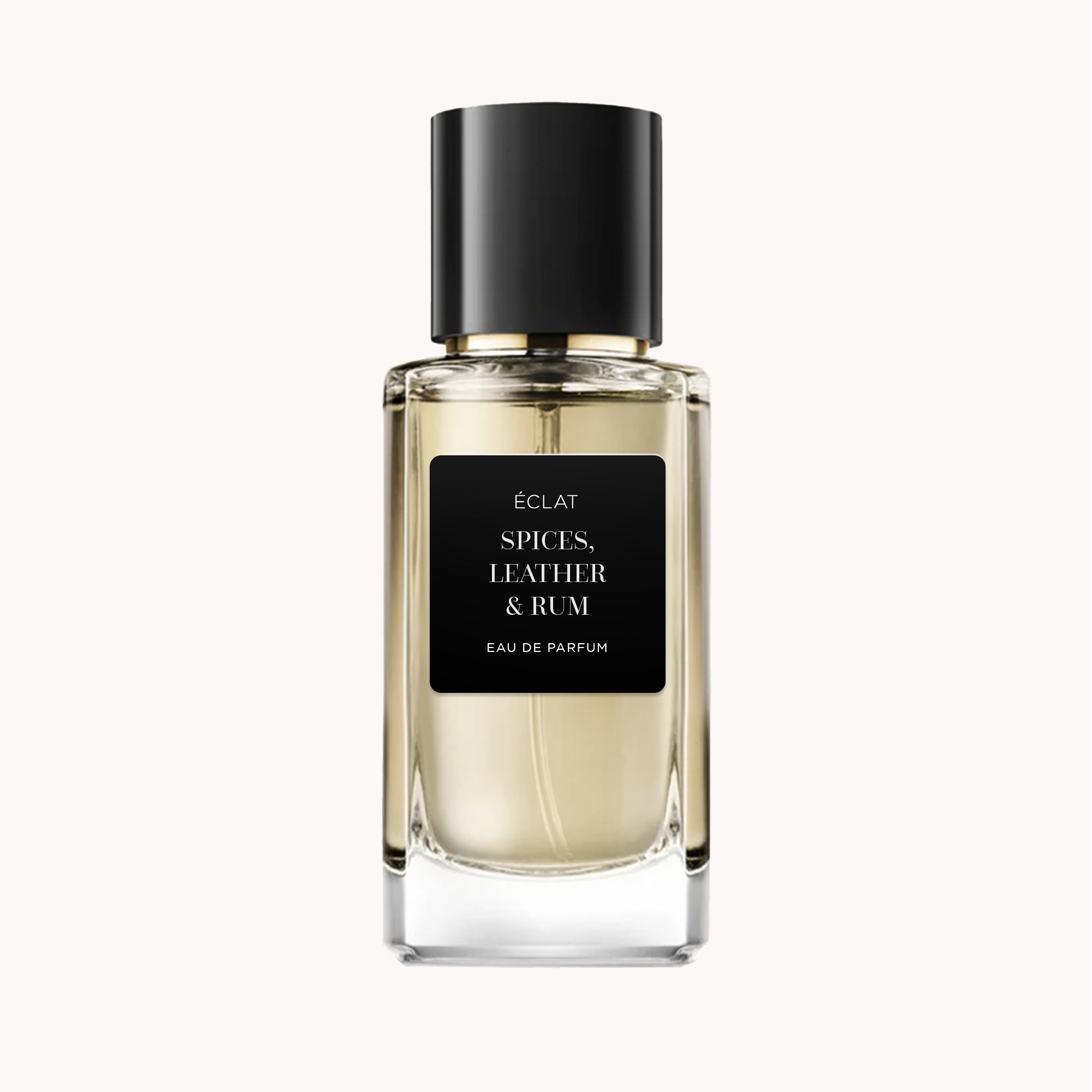 Flacone di vetro con etichetta nera opaca e tappo scuro, che presenta ÉCLAT Spices, Leather & Rum Eau de Parfum.