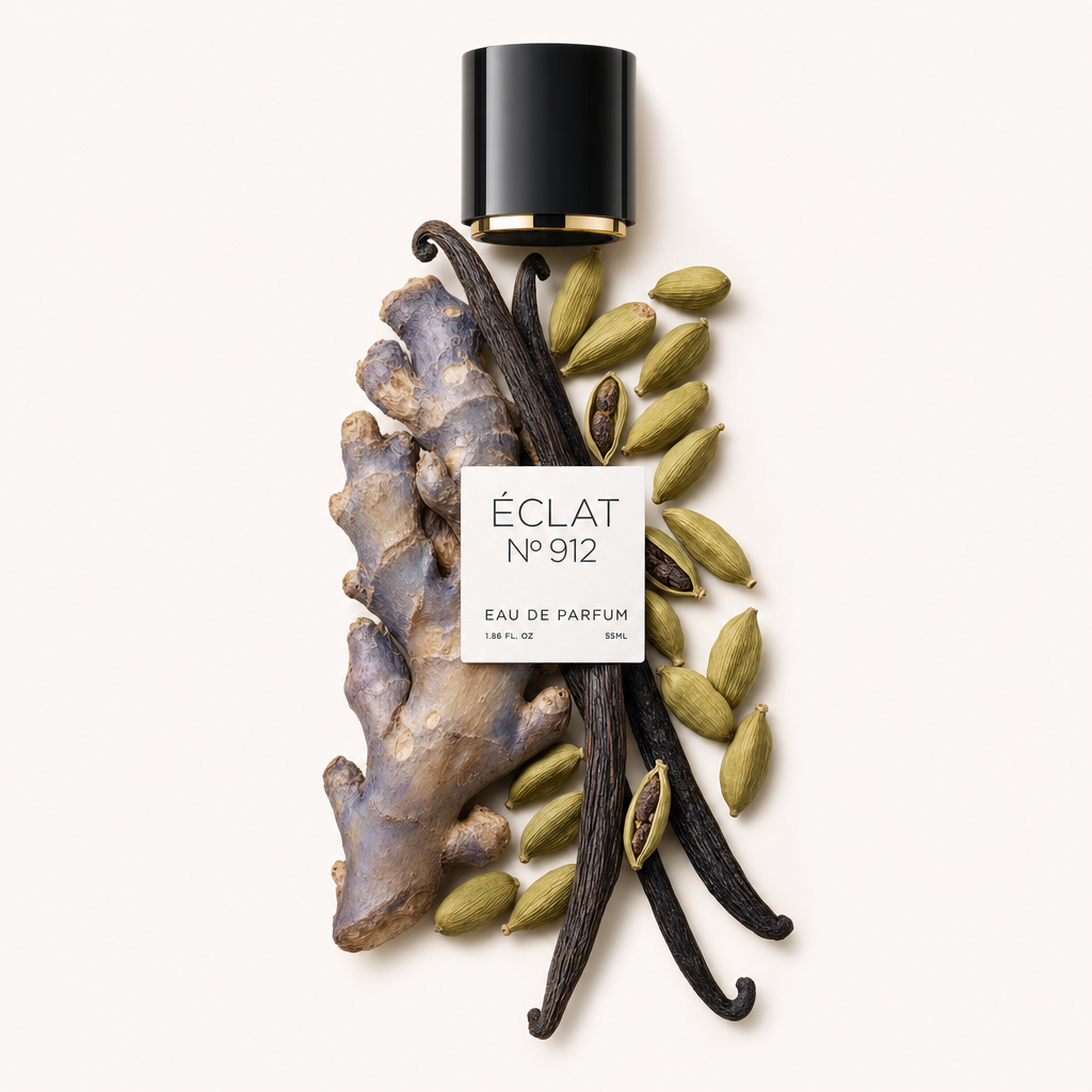 Una natura morta meticolosamente disposta con bacche di vaniglia, baccelli di cardamomo e radice di zenzero, con tappo nero visibile e etichetta di ÉCLAT VIP - Spicy Blue Ginger.