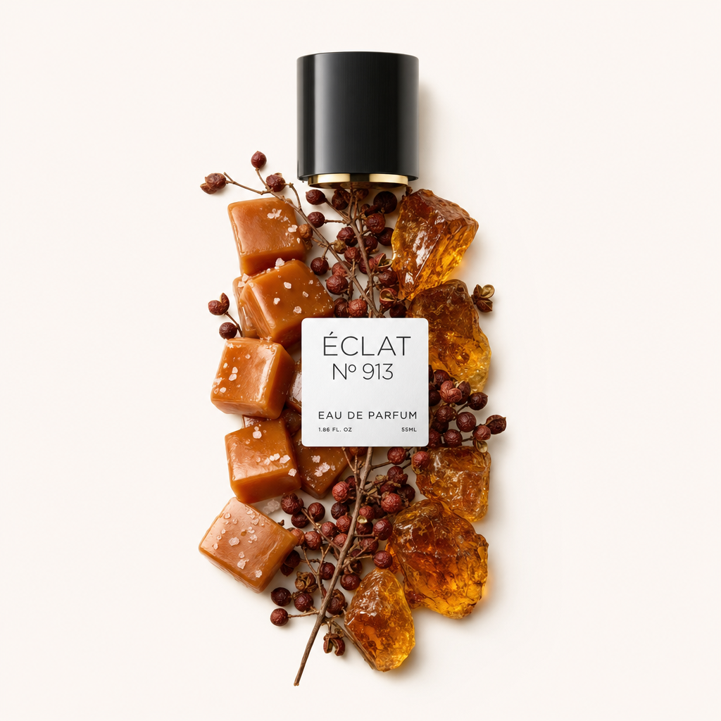 Una natura morta disposta a mano degli ingredienti di ÉCLAT Spicy Caramel con cubi di caramello, pezzi di resina ambrata e bacche di pepe attorno a un tappo nero con etichetta.