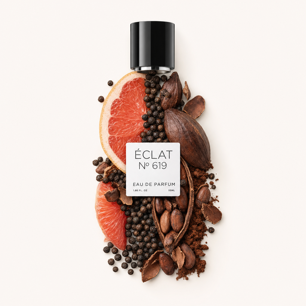Natura morta degli ingredienti del profumo ÉCLAT Spicy Cocoa: fette di pompelmo, fave di cacao e grani di pepe disposti intorno a un tappo nero con etichetta.