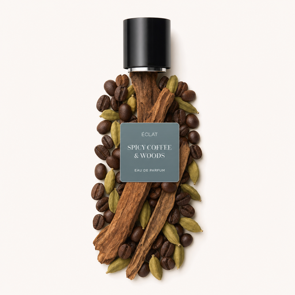 Un arrangiamento artistico di chicchi di caffè, baccelli di cardamomo e bastoncini di legno circonda un tappo nero con etichetta ÉCLAT Spicy Coffee & Woods.