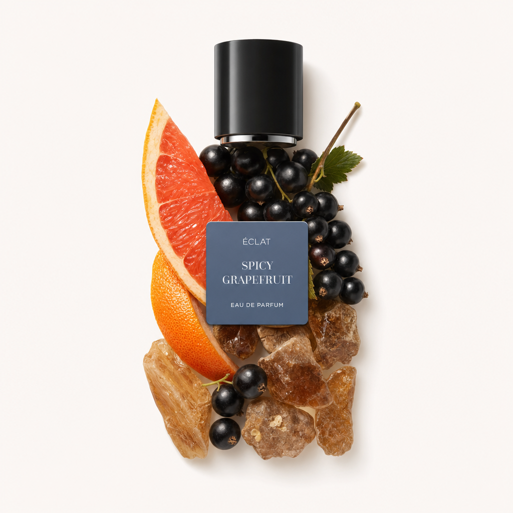 Un arrangiamento di una fetta di pompelmo, ribes nero e cristalli di ambra circonda un tappo nero con etichetta ÉCLAT Spicy Grapefruit.