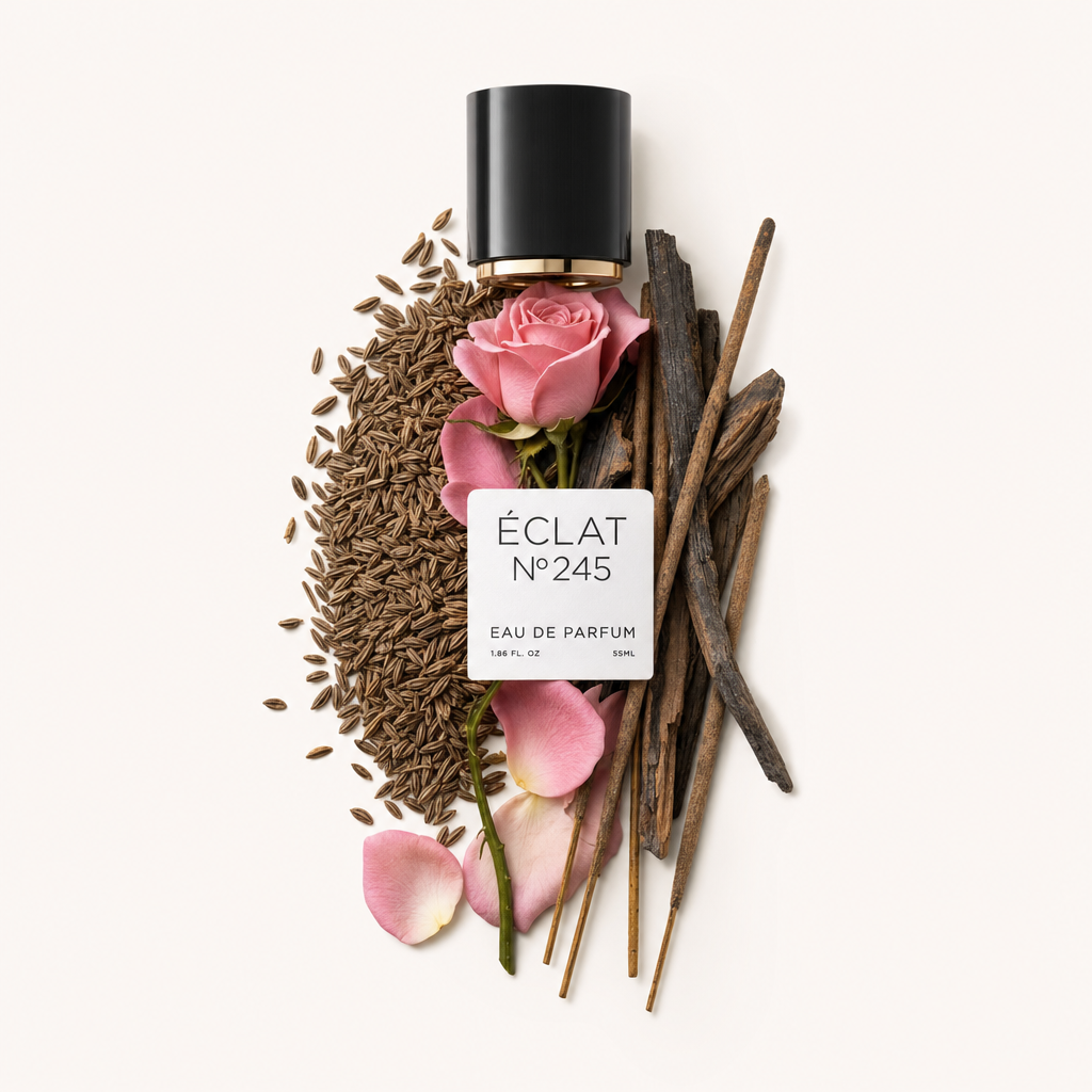 Una disposizione di petali di rosa, semi di cumino e bastoncini d'incenso circonda un cappuccio nero ÉCLAT con un'etichetta elegante.