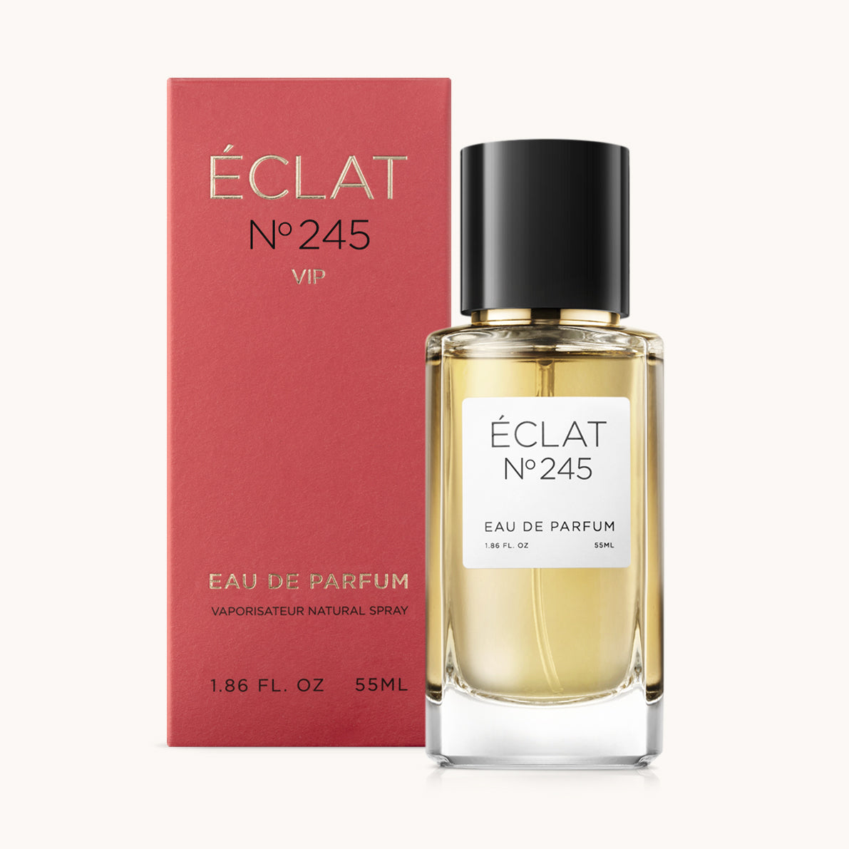 Elegante flacone in vetro di ÉCLAT VIP Spicy Incense con tappo nero elegante, accompagnato da una raffinata scatola di presentazione rossa.