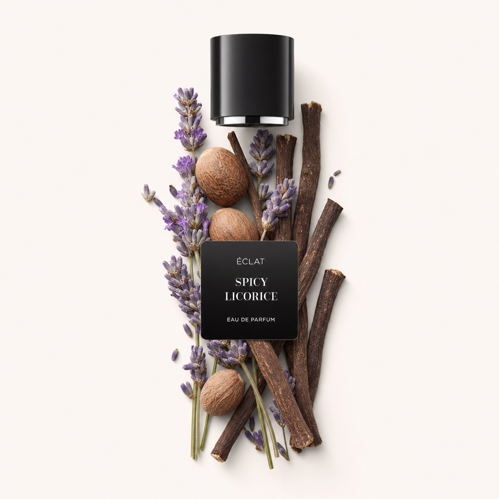 Un arrangiamento di ramoscelli di lavanda, semi di noce moscata e bastoncini di liquirizia con un tappo nero ÉCLAT Spicy Licorice sopra, con etichetta elegante.