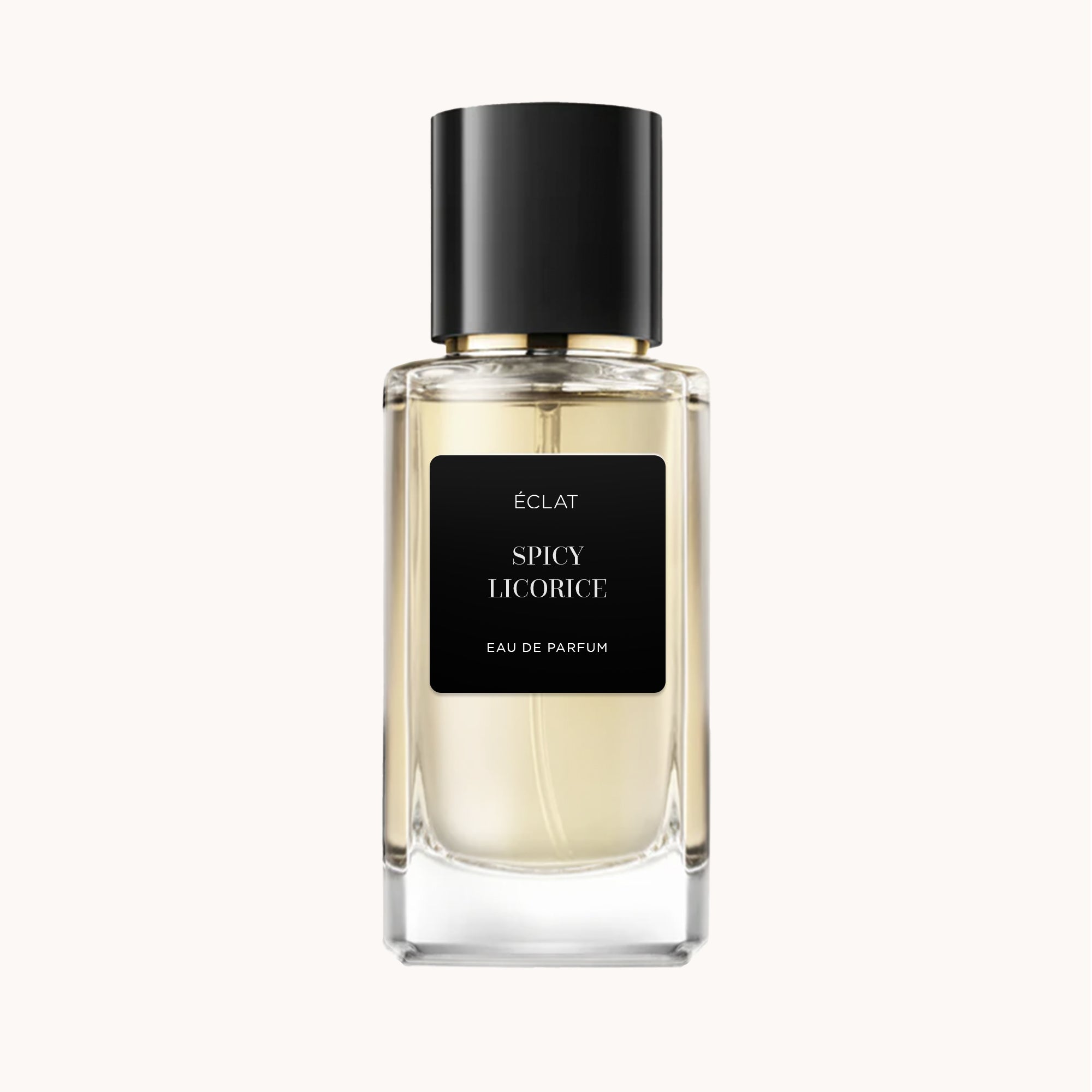 Elegante flacone in vetro con etichetta nera per ÉCLAT Spicy Licorice, con tappo nero.