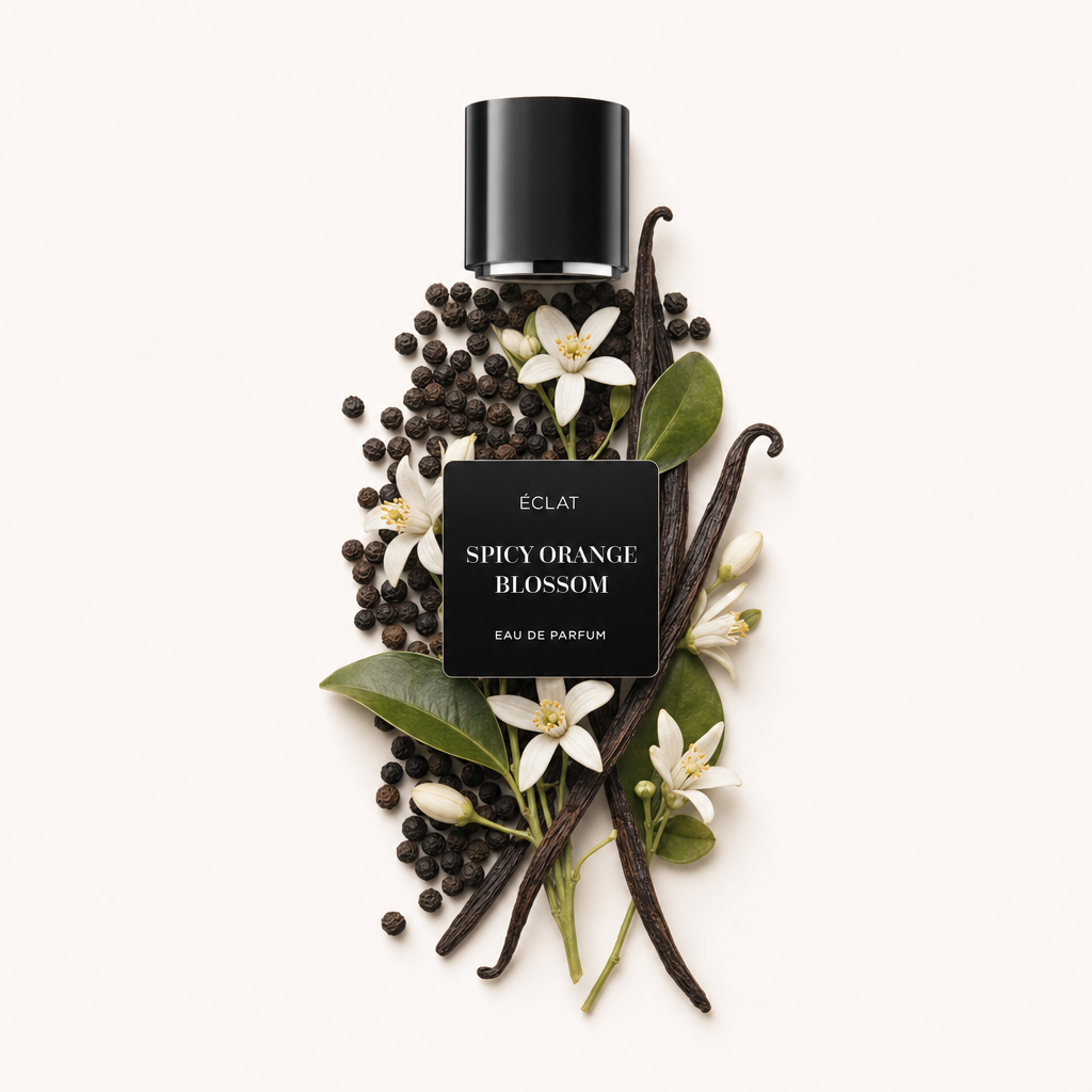 Un arrangiamento di baccelli di vaniglia, grani di pepe nero e fiori di arancio sotto un tappo nero etichettato ÉCLAT Spicy Orange Blossom.