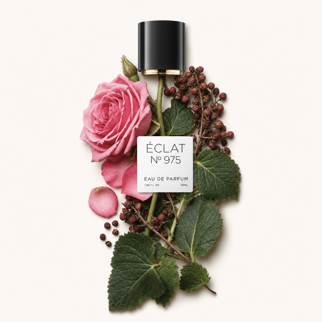 Una composizione accuratamente disposta di una rosa rosa, foglie verdi e grani di pepe, con un tappo nero etichettato ÉCLAT accanto.