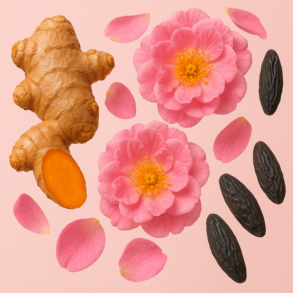 L'immagine mostra fiori di rosa di un vibrante rosa accompagnati da radice di zenzero e fagioli di tonka scuri su uno sfondo rosa tenue.