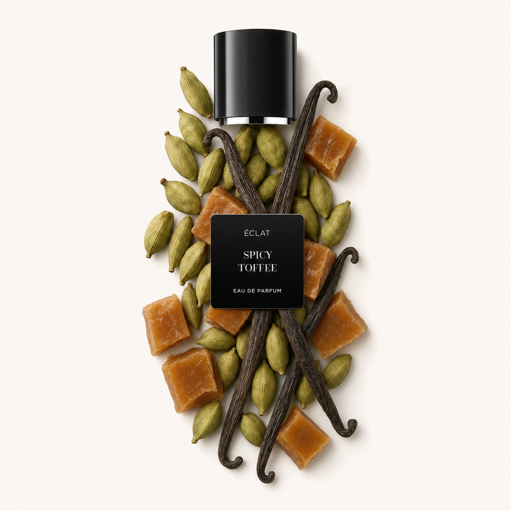 Una composizione artistica di baccelli di cardamomo, bacche di vaniglia e pezzi di caramello circonda il tappo nero con una targhetta etichettata ÉCLAT Spicy Toffee Eau de Parfum.