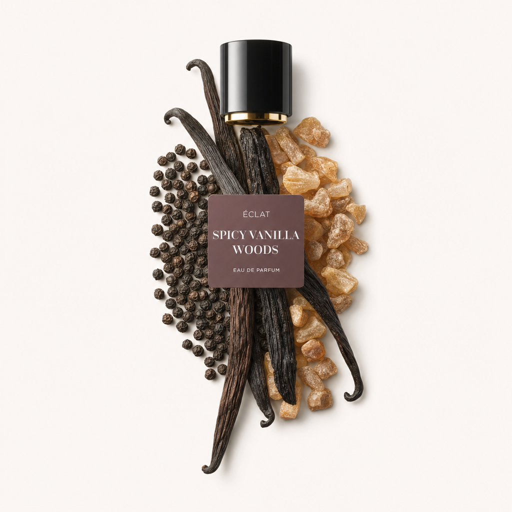 Una composizione di bacche di vaniglia, grani di pepe nero e pezzi di ambra resinosa forma un tableau naturale attorno al tappo nero con etichetta ÉCLAT Spicy Vanilla Woods.