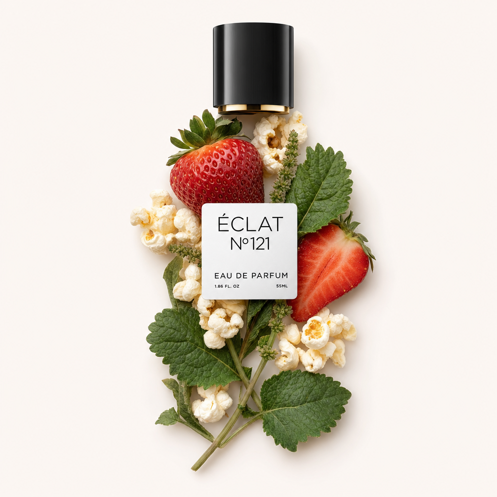 Una natura morta disposta a mano mostra fragole, popcorn e foglie verdi intorno al tappo nero originale di ÉCLAT con etichetta.