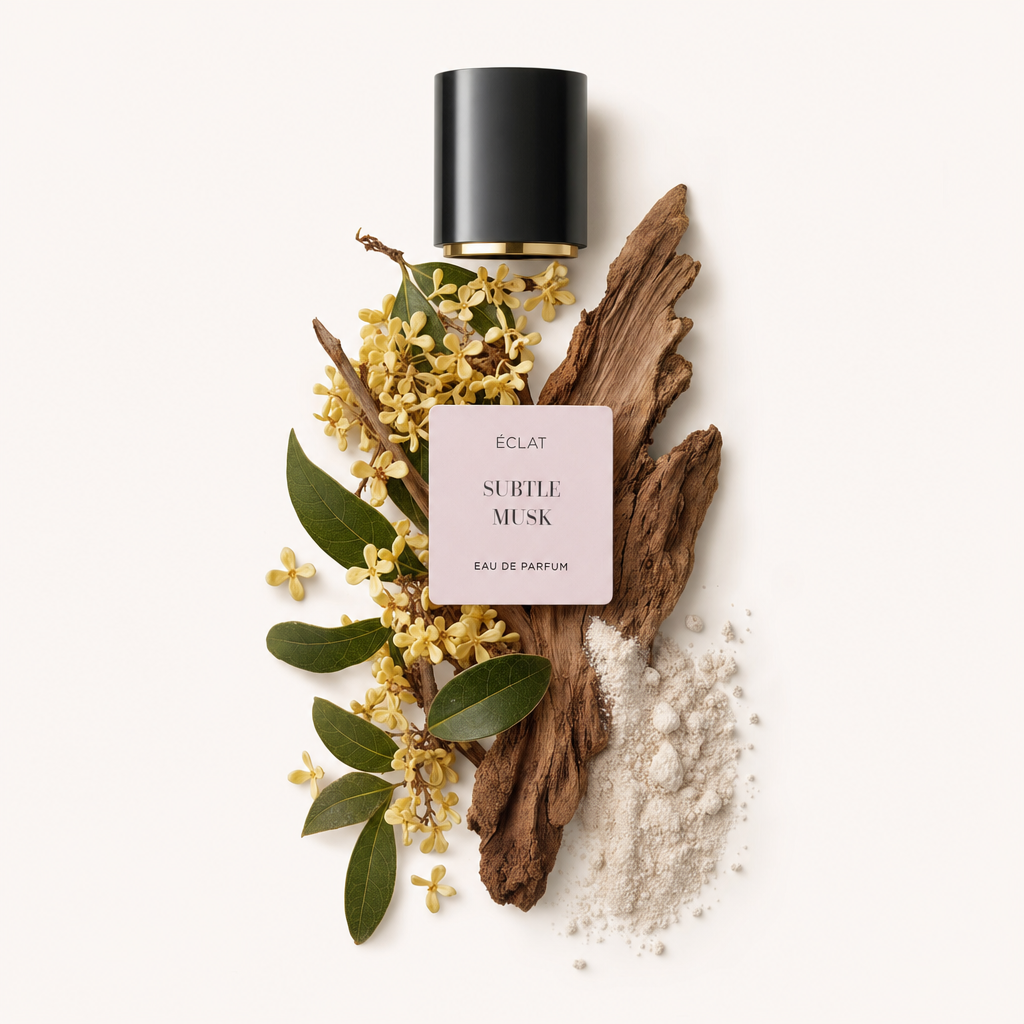 Una disposizione di delicati fiori gialli, foglie verdi, legno rustico e polvere bianca, accanto a un tappo nero con fascia dorata ed etichetta ÉCLAT Subtle Musk.