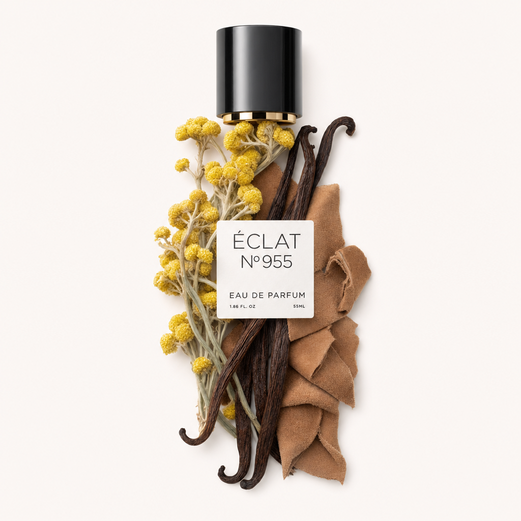 Un arrangiamento di fiori gialli, baccelli di vaniglia e pezzi di camoscio circonda il tappo nero originale con etichetta per ÉCLAT Suede & Vanilla.