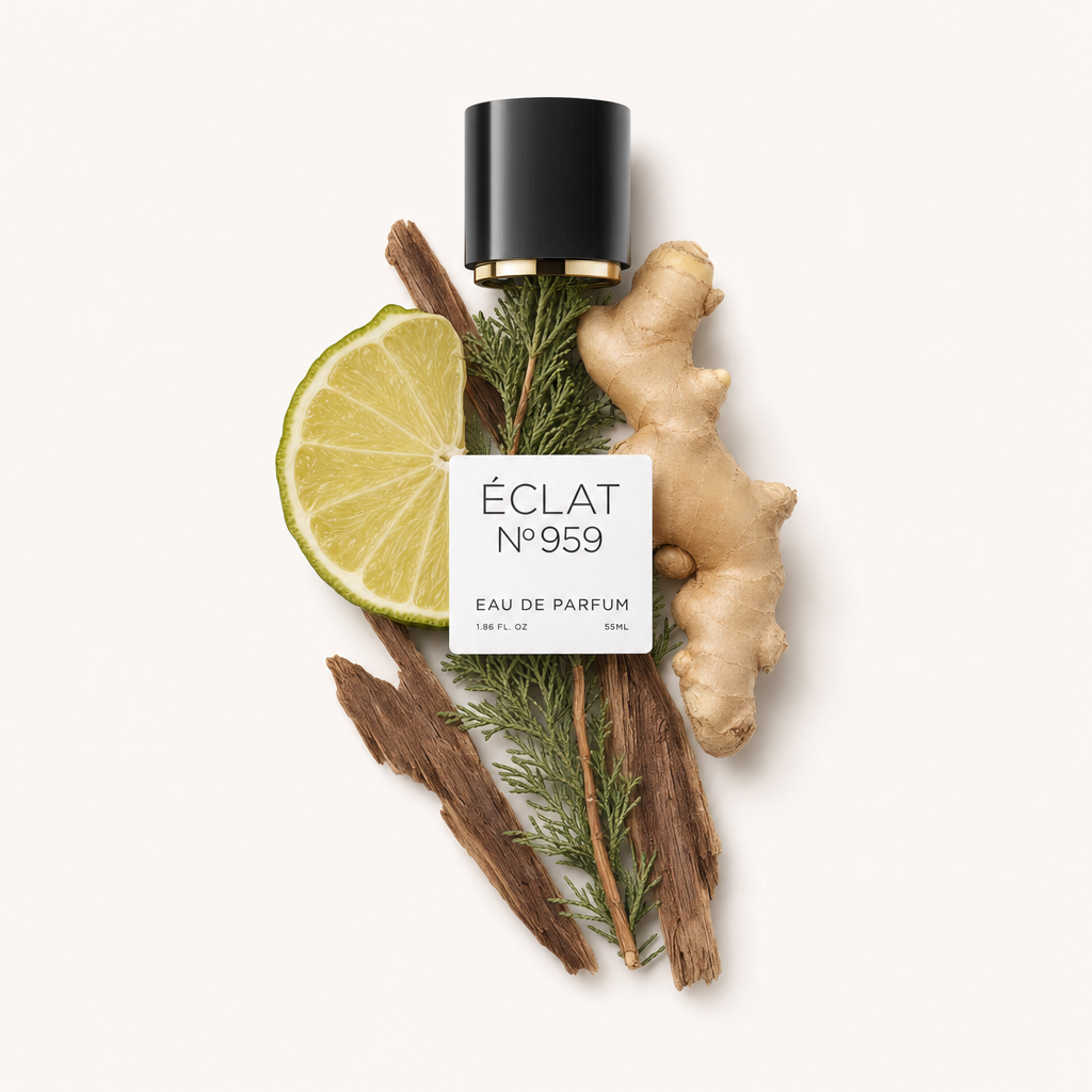 Una composizione con radice di zenzero fresco, una fetta di bergamotto e rami di cedro attorno al tappo nero di ÉCLAT con etichetta per Sunny Bergamot.