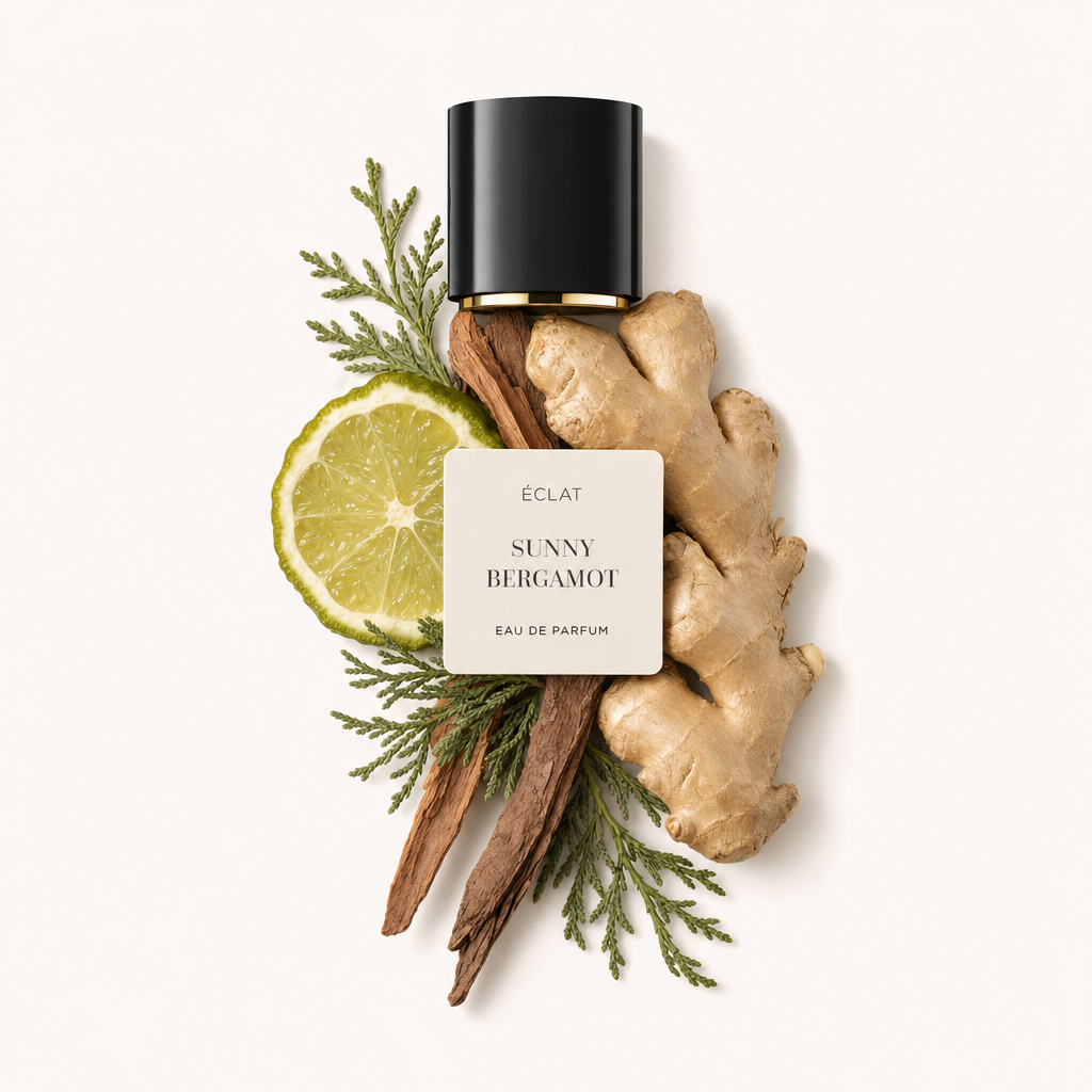 Un arrangiamento con una fetta di bergamotto, radice di zenzero e note legnose attorno a un tappo nero con etichetta ÉCLAT Sunny Bergamot.