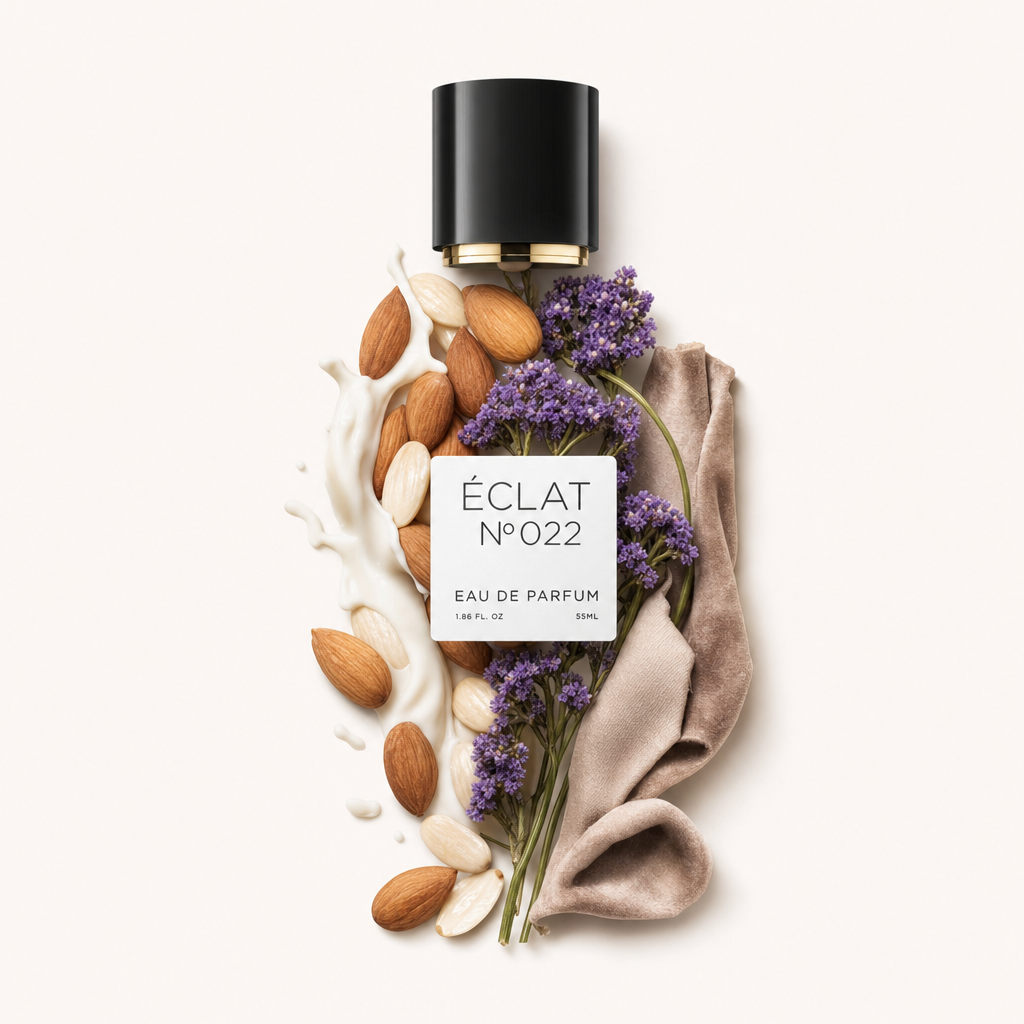 Un arrangiamento di mandorle, schizzi di latte e fiori viola circonda un tappo nero con etichetta di ÉCLAT Sweet Almond Milk.