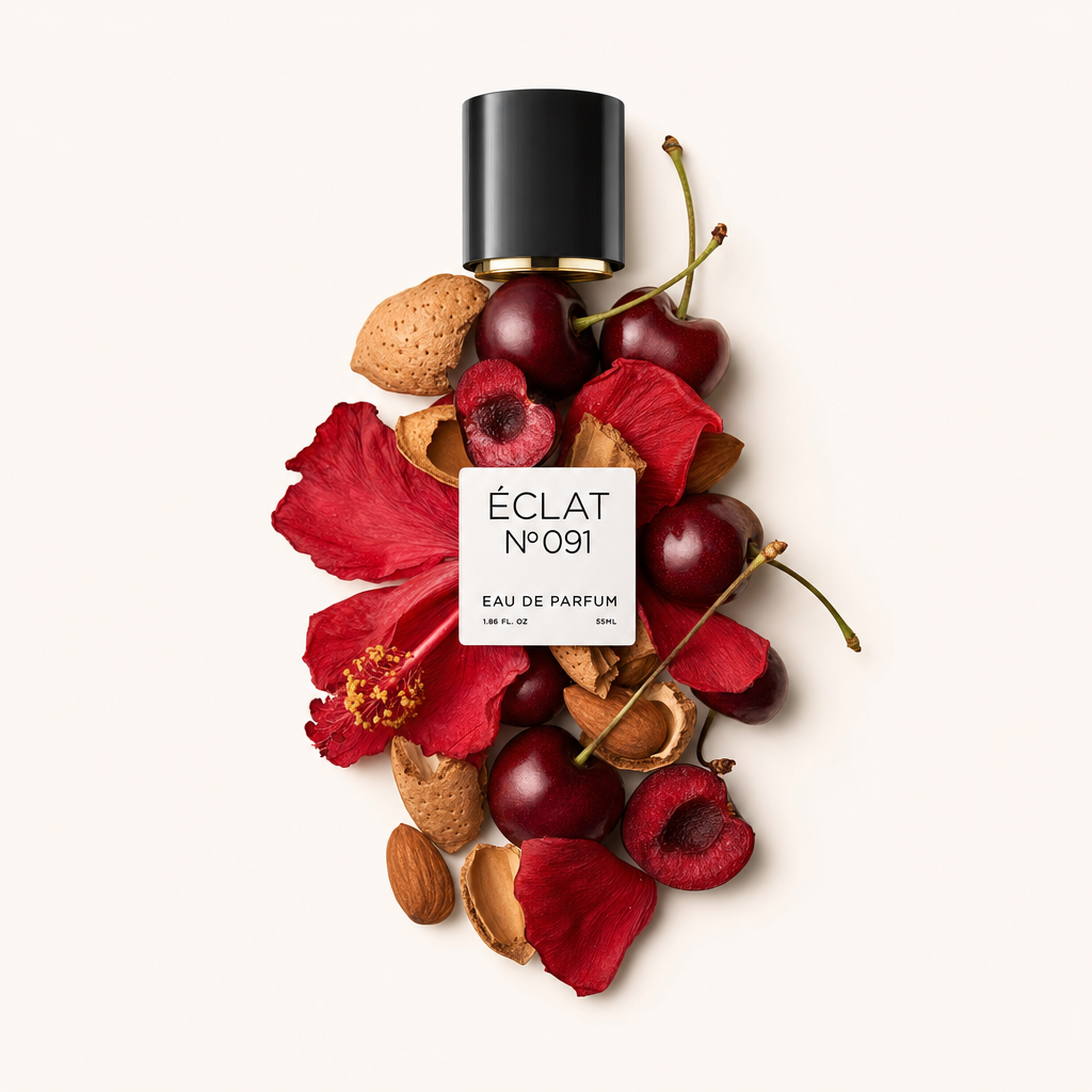 Una composizione di ciliegie, gusci di mandorle e petali di ibisco rosso circonda un tappo nero con etichetta ÉCLAT Sweet Amaretto.