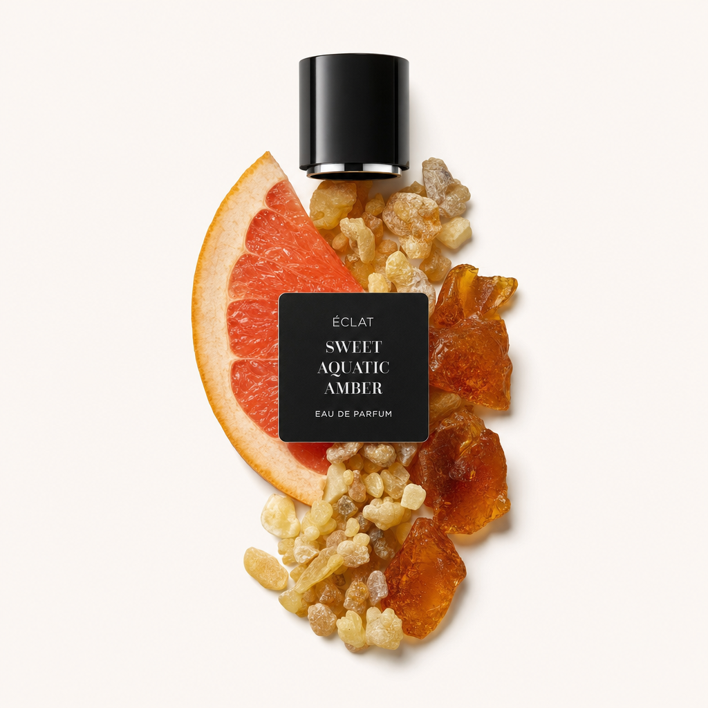 Una composizione di pompelmo, resina e ambra circonda il tappo originale ÉCLAT Sweet Aquatic Amber con etichetta.