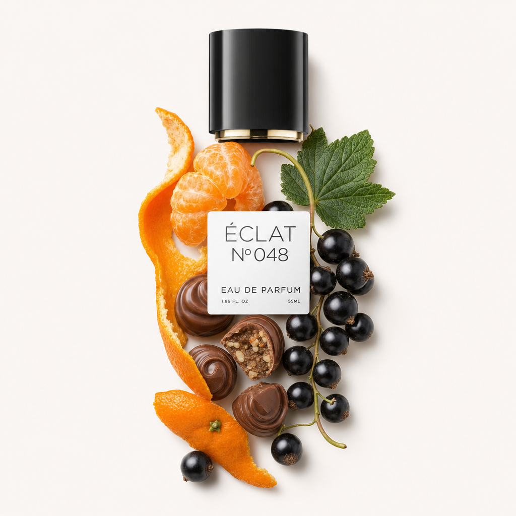 Un arrangiamento di ribes nero fresco, scorza di agrumi e cioccolatini circonda un tappo nero con etichetta per ÉCLAT Sweet Blackcurrant.