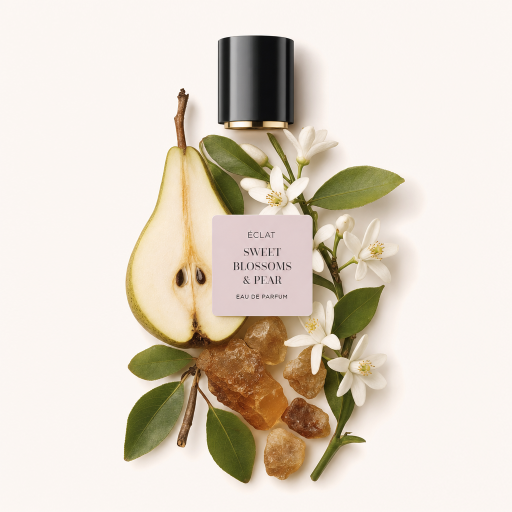 Una composizione curata con una pera affettata, delicati fiori bianchi e resina simile all'ambra con sopra il tappo originale ÉCLAT, etichettato 'Sweet Blossoms & Pear'.