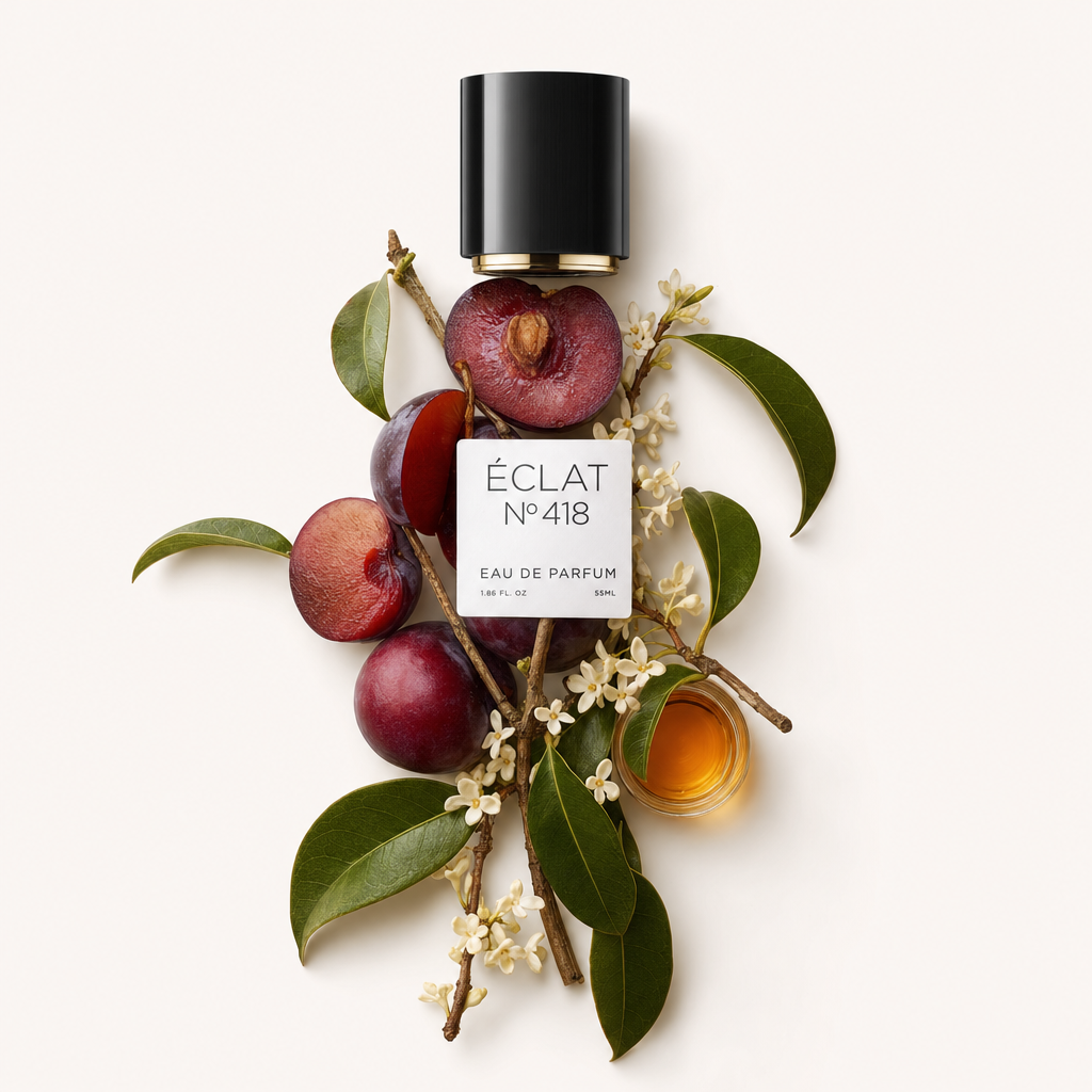 Una composizione di prugne fresche, foglie verdi e delicati fiori con un tappo nero ed etichetta per ÉCLAT Sweet Cherry Plum.