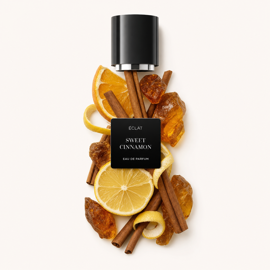 Un arrangiamento di bastoncini di cannella, fette di agrumi e resina ambrata attorno a un tappo nero con etichetta ÉCLAT Sweet Cinnamon.