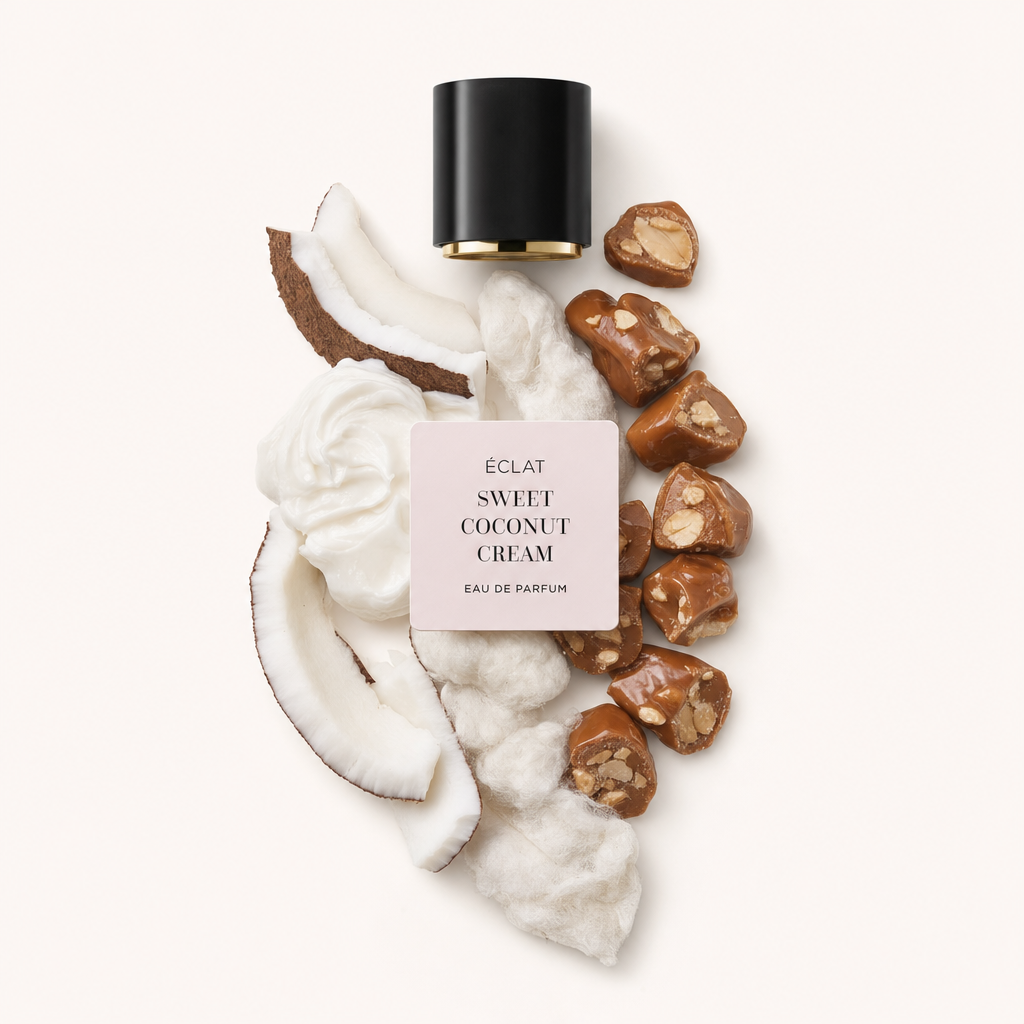 Un arrangiamento di fette di cocco, crema soffice e pezzi di caramello circonda un tappo nero con etichetta ÉCLAT Sweet Coconut Cream.
