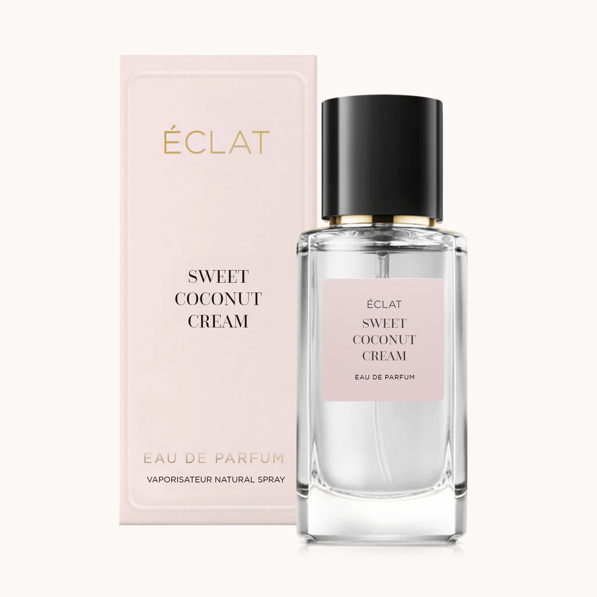 ÉCLAT Sweet Coconut Cream in un flacone di vetro sfaccettato con tappo nero, accompagnato da una scatola rosa pallido.