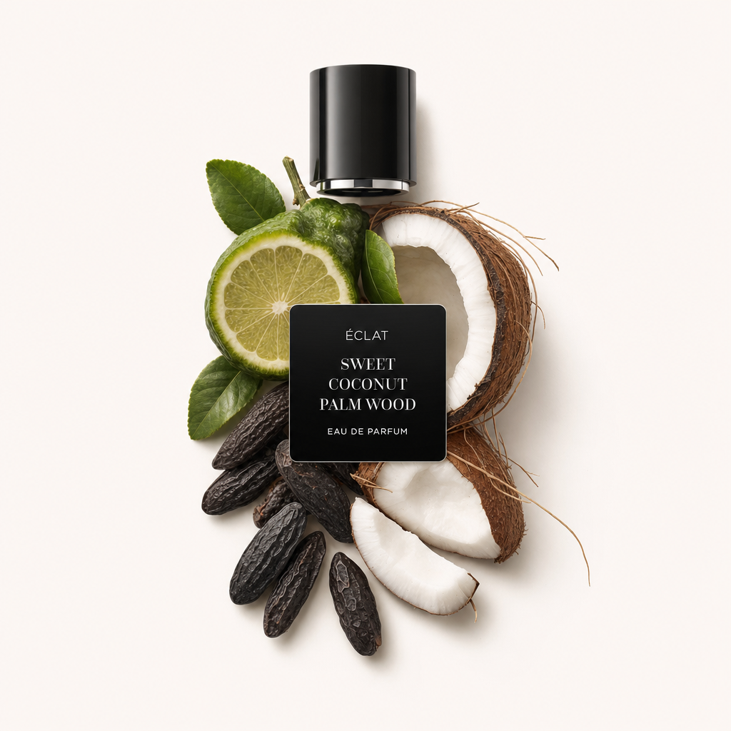 Una composizione di fette di cocco, agrumi verdi con foglie e semi essiccati, sotto un tappo nero con etichetta 'ÉCLAT Sweet Coconut Palm Wood'.