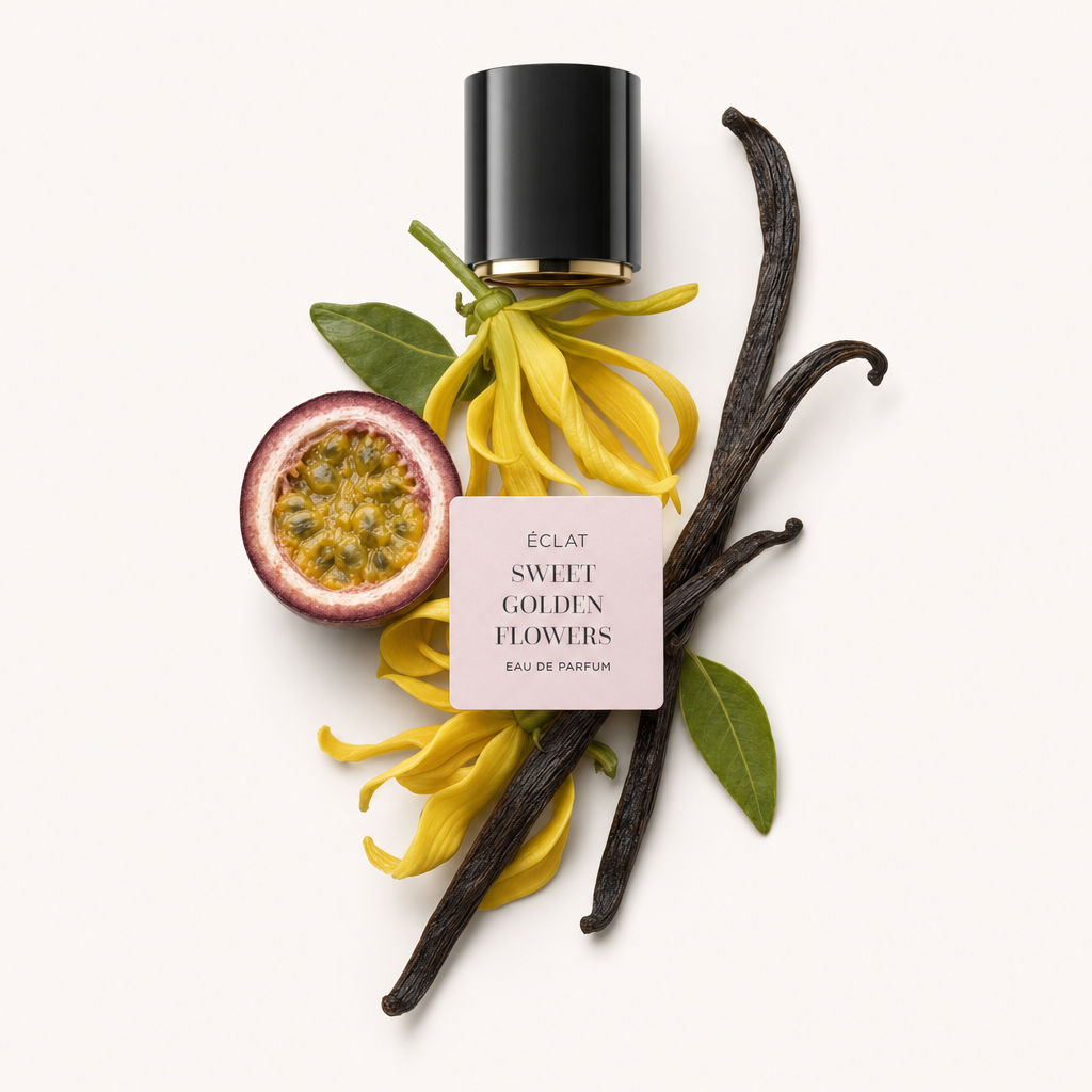 Un tappo nero con etichetta è circondato da fiori gialli, mezza frutto della passione, foglie verdi e baccelli di vaniglia che rappresentano ÉCLAT Sweet Golden Flowers.