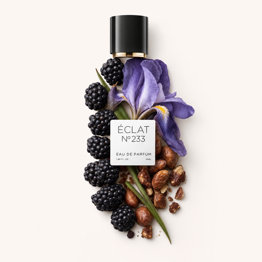 Una composizione di more, fiore di iris e noci con il tappo nero e l'etichetta di ÉCLAT Sweet Iris, evidenziando le note principali della fragranza.