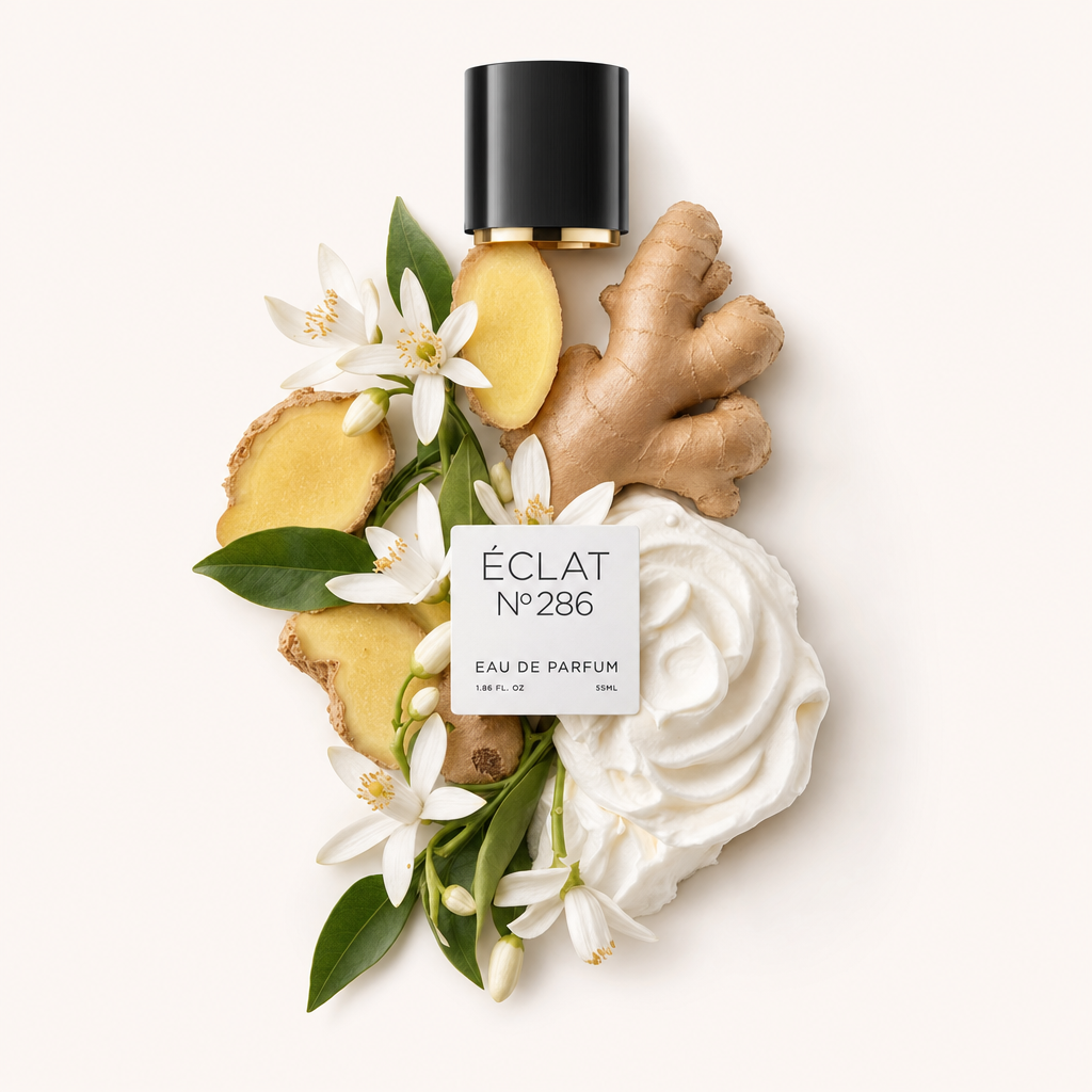 Un arrangiamento di fiori di gelsomino bianchi, fette di zenzero e un vortice di crema attorno a un tappo nero con etichetta per ÉCLAT Sweet Jasmine Cream.