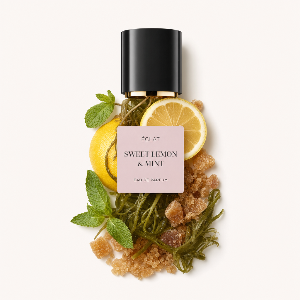 Un arrangiamento di fette di limone, foglie di menta e cristalli di zucchero circonda il tappo nero ÉCLAT Sweet Lemon & Mint con etichetta.