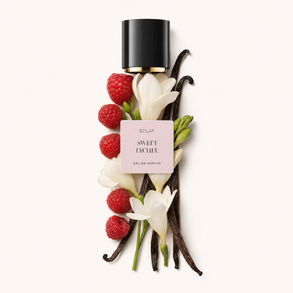 Un arrangiamento di lamponi, fiori bianchi e baccelli di vaniglia intorno al tappo nero originale con etichetta di ÉCLAT Sweet Lychee.