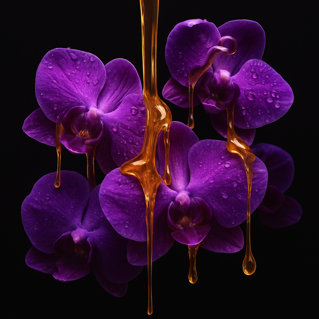 Orchidee viola vivaci con gocce di liquido dorato che si riversano sui petali.