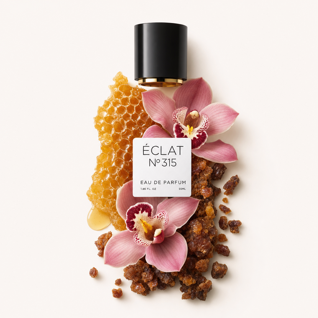 Un delicato arrangiamento di orchidee rosa, favo e resina d'ambra circonda un tappo nero con dettaglio dorato, etichettato ÉCLAT VIP Sweet Orchid.