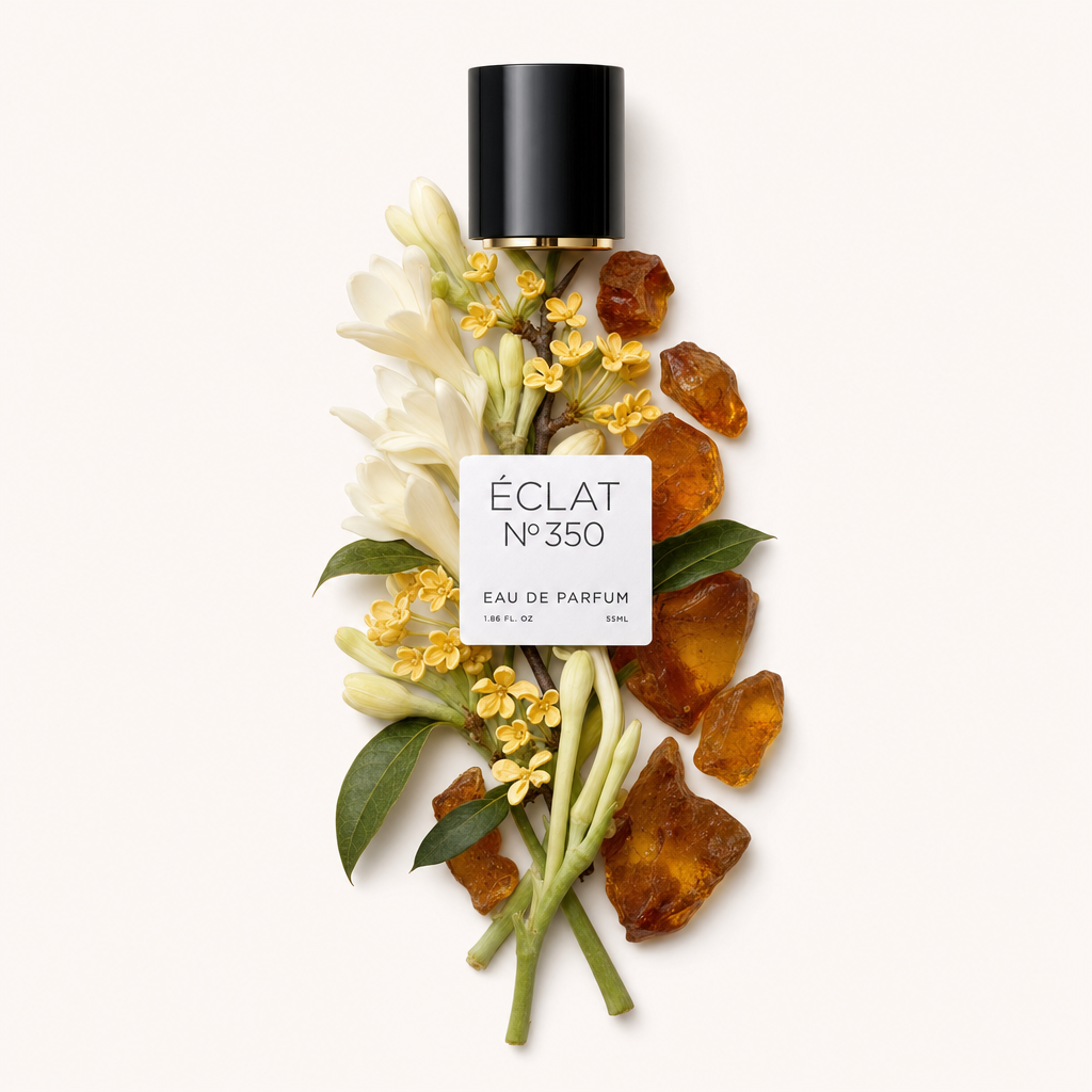 Un arrangiamento di fiori di osmanto, tuberosa e pietre di ambra, con il tappo nero e l'etichetta di ÉCLAT sopra.