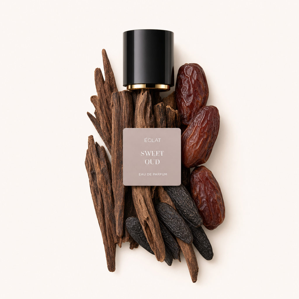 Un arrangiamento di legno di oud, datteri secchi e fagioli tonka circonda il tappo nero di ÉCLAT Sweet Oud con etichetta.
